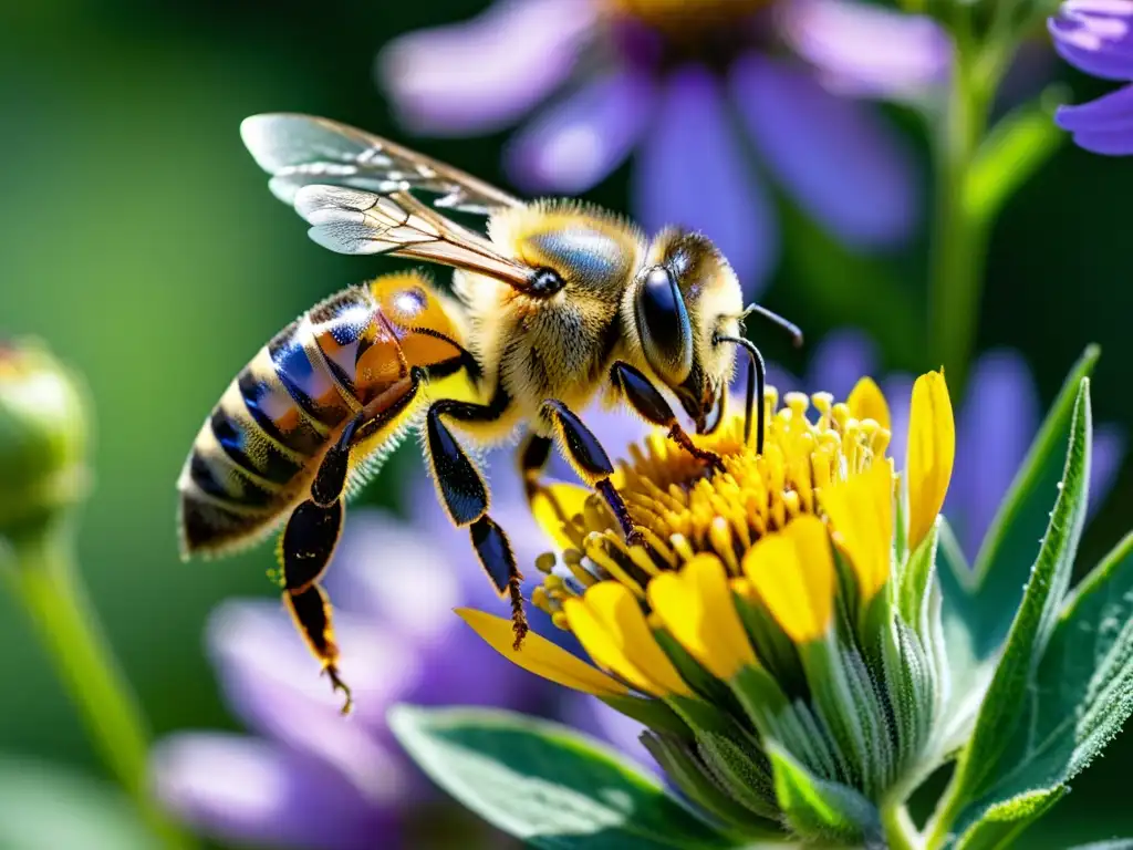 Una abeja cargada de polen sobre una flor morada, en un entorno natural exuberante