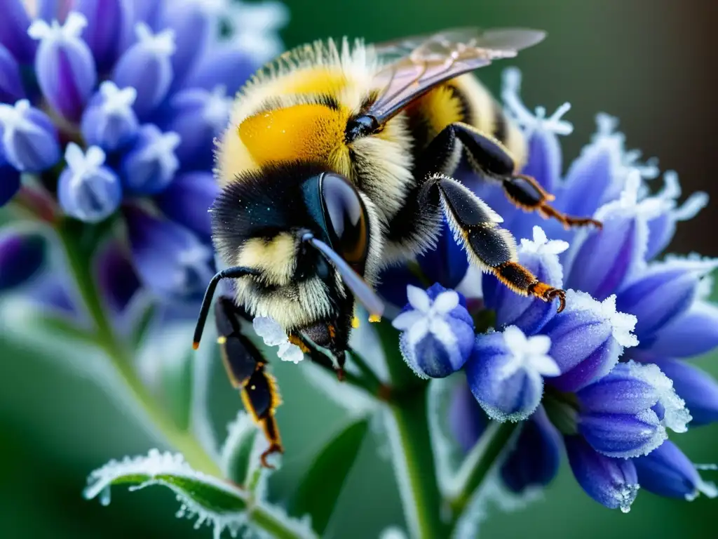 Una abeja cubierta de escarcha en una flor de lupino morado, resalta la importancia de los polinizadores en taiga