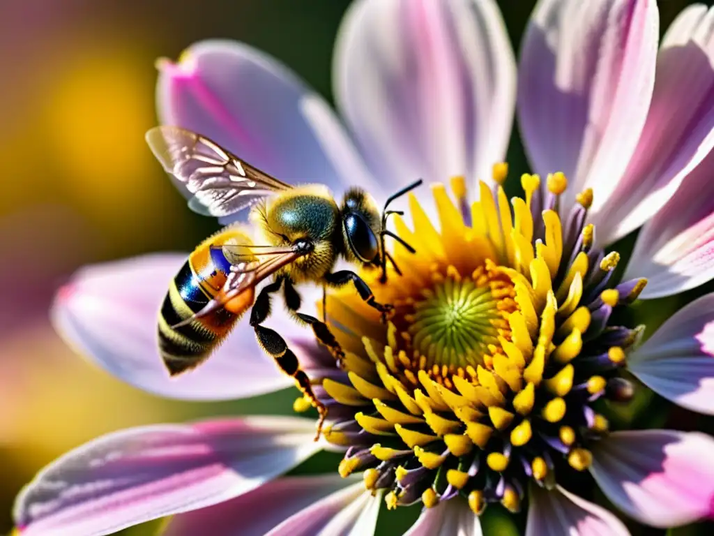 Una abeja cubierta de polen amarillo vibrante, revoloteando sobre una delicada flor rosa