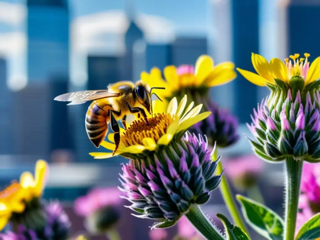 Una abeja cubierta de polen amarillo sobre una flor rosada en la ciudad, destaca la importancia abejas polinizadoras en ciudad