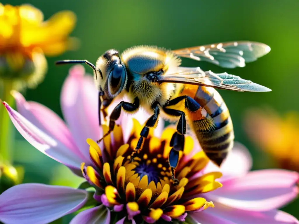 Una abeja cubierta de polen amarillo sobre una flor rosa en un jardín amigable para polinizadores, con sus alas brillando al sol