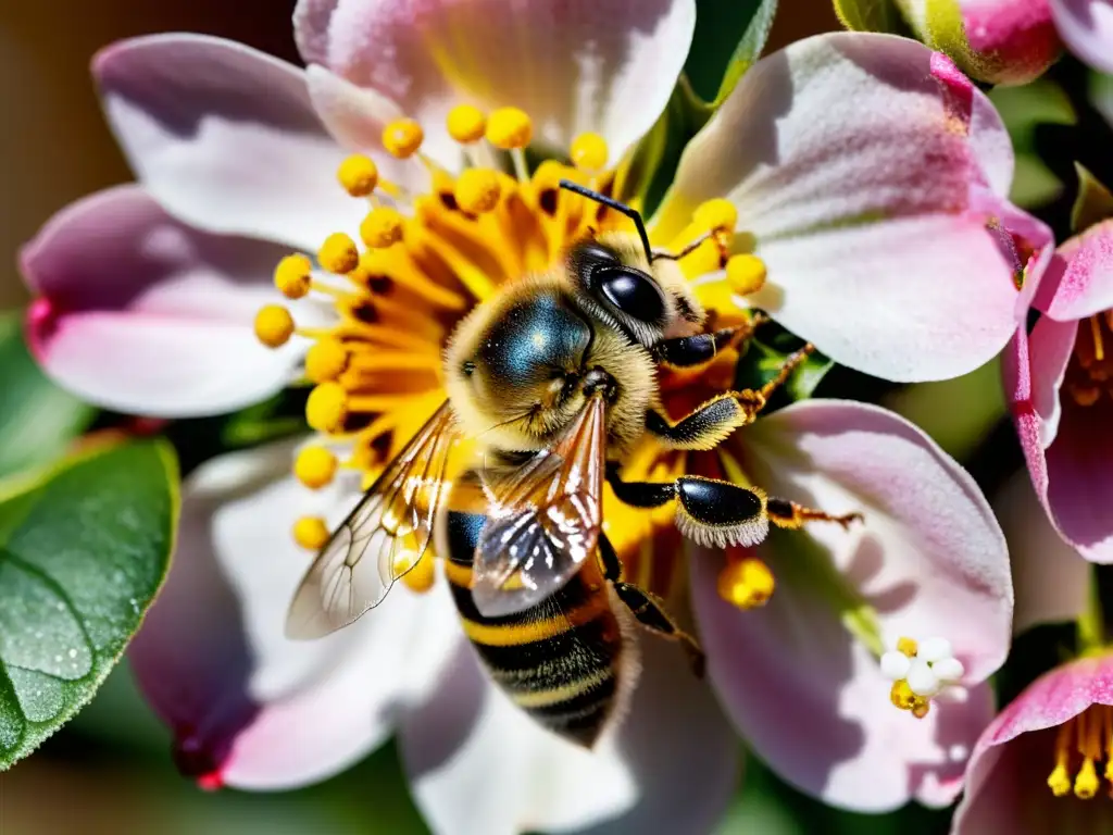 Una abeja cubierta de polen amarillo vibrante sobre una flor de manzano rosa