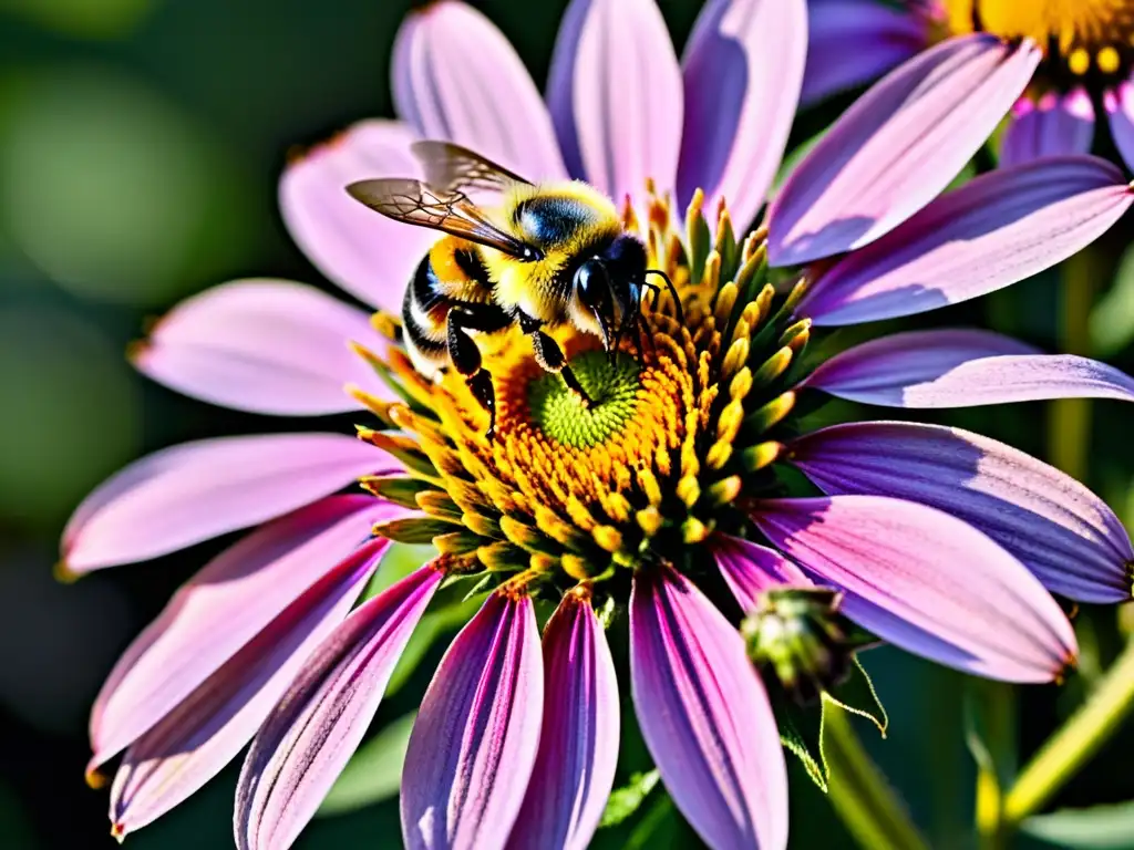 Una abeja cubierta de polen amarillo sobre una flor morada