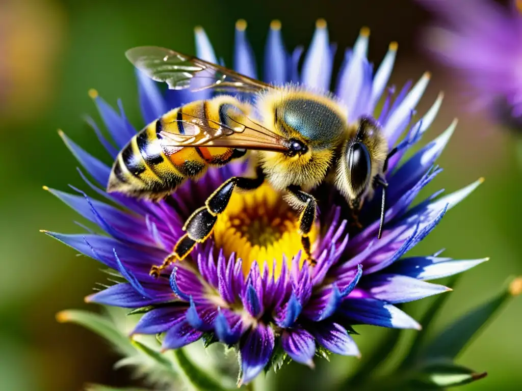 Una abeja cubierta de polen amarillo vibrante, zumbando alrededor de una flor morada