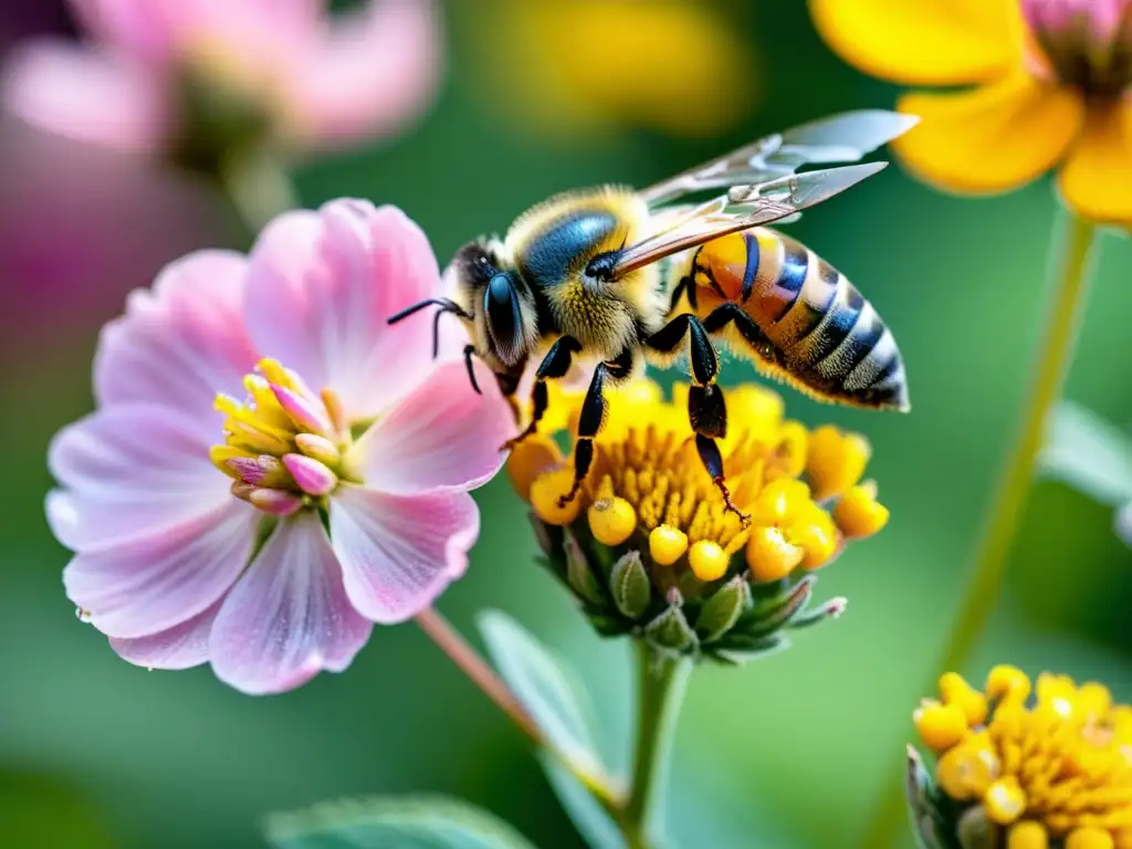 Una abeja cubierta de polen amarillo vibrante, revoloteando sobre una delicada flor rosa, con sus alas congeladas en medio vuelo