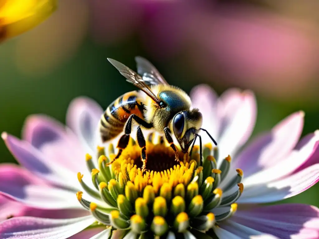 Una abeja cubierta de polen amarillo vibrante, polinizando una delicada flor rosa