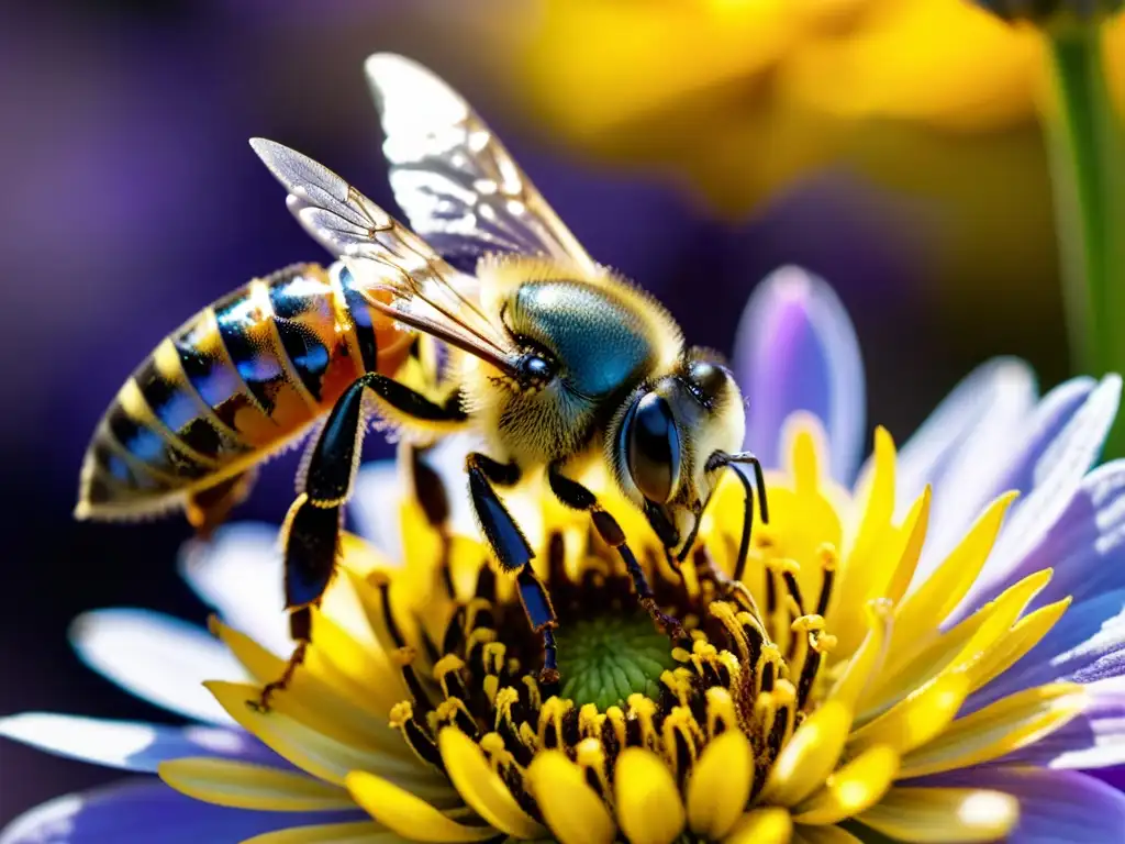 Una abeja cubierta de polen amarillo vibrante, revoloteando sobre una delicada flor morada