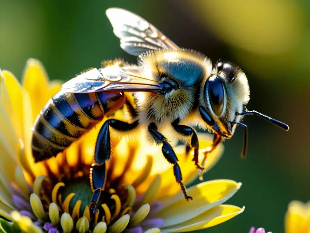 Una abeja cubierta de polen en un campo de flores, resaltando el papel de la agricultura en la supervivencia de los polinizadores