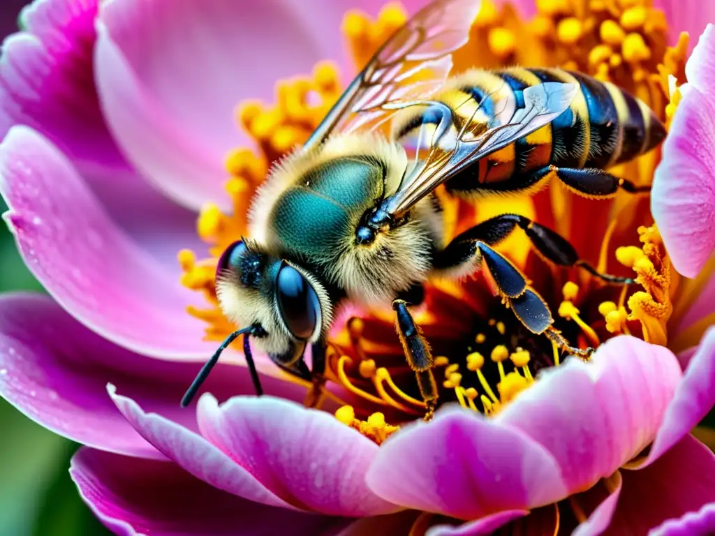 Una abeja cubierta de polen dorado aterriza delicadamente en una peonía rosa, resaltando la importancia de las abejas en la polinización de alimentos orgánicos