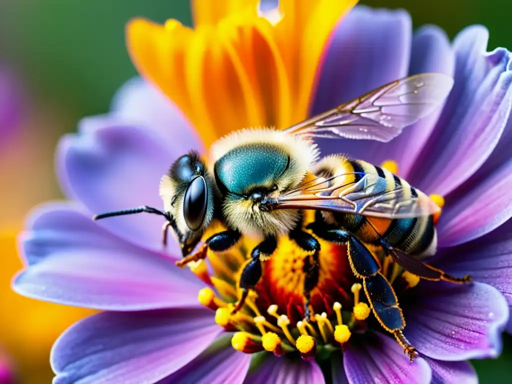 Una abeja cubierta de polen dorado, en pleno vuelo sobre una flor magenta