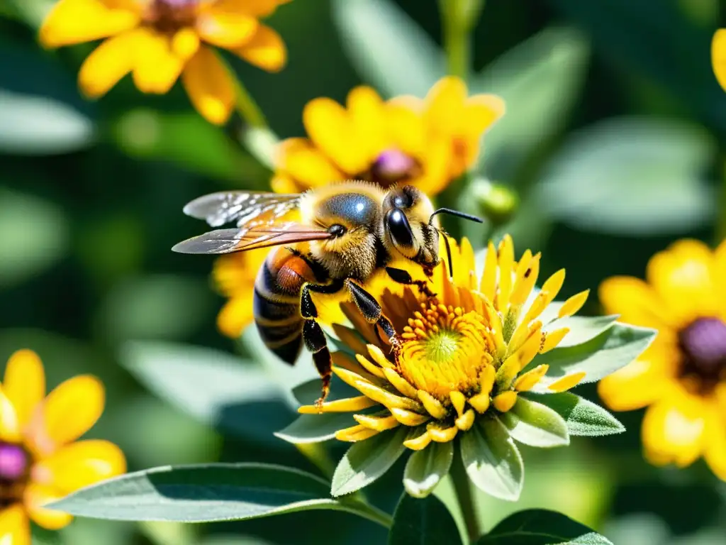 Una abeja cubierta de polen descansa en una flor, rodeada de insectos, resaltando la amenaza silenciosa a la biodiversidad de los insectos