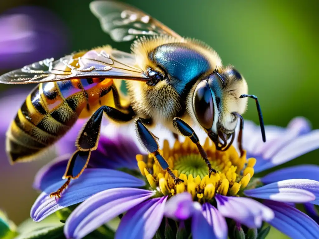 Una abeja cubierta de polen cerca de una flor morada, resaltando la importancia de salvar polinizadores en peligro