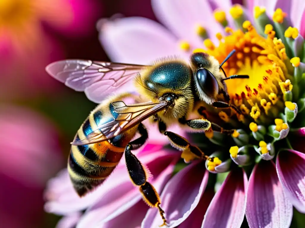 Una abeja cubierta de polen vuela sobre una flor rosa mientras la luz del sol crea una escena cautivadora