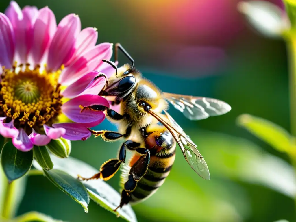 Una abeja cubierta de polen revolotea sobre una flor rosa brillante, resaltando la importancia de las abejas polinizadoras en la ciudad