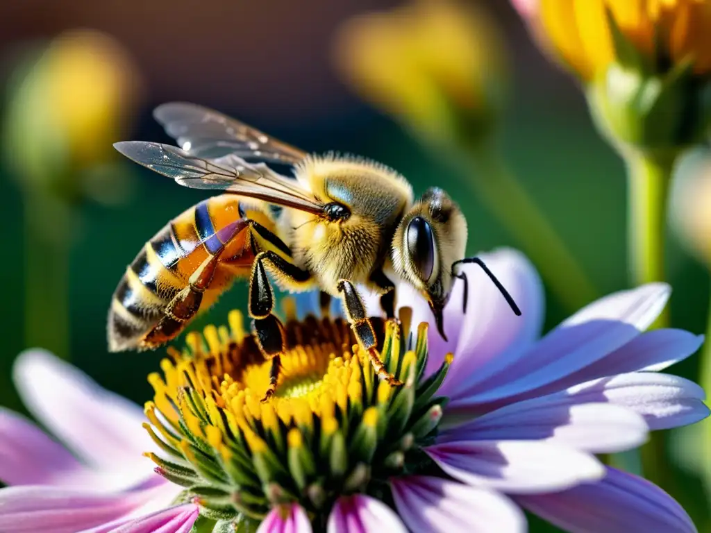 Una abeja cubierta de polen en una flor vibrante en la ciudad, destacando la importancia de las abejas polinizadoras en entornos urbanos