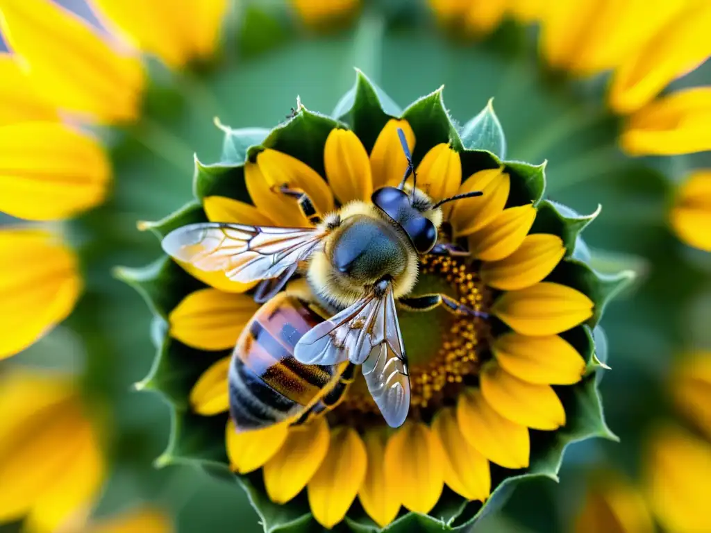 Una abeja cubierta de polen, polinizando una flor amarilla en la sabana, destaca el impacto de los insectos en sabanas