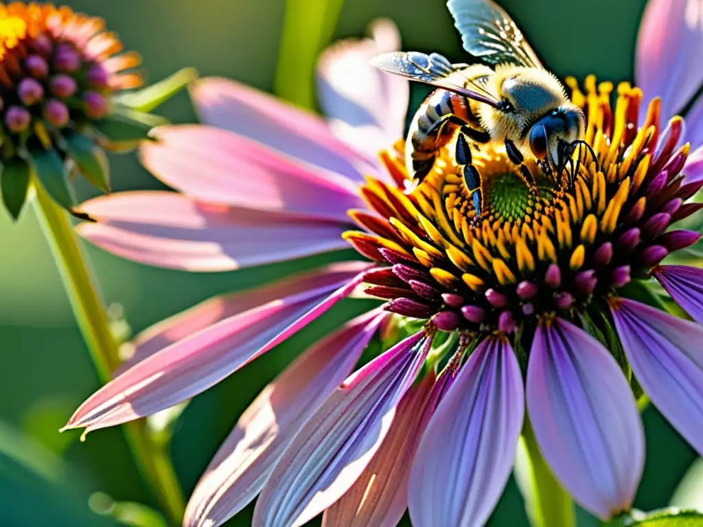 Una abeja cubierta de polen recolecta néctar de una flor morada en un jardín de flores silvestres sostenible, mostrando la simbiosis natural