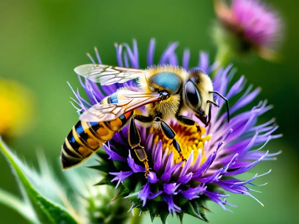 Una abeja cubierta de polen revolotea sobre una flor de cardo morado en un prado de flores silvestres