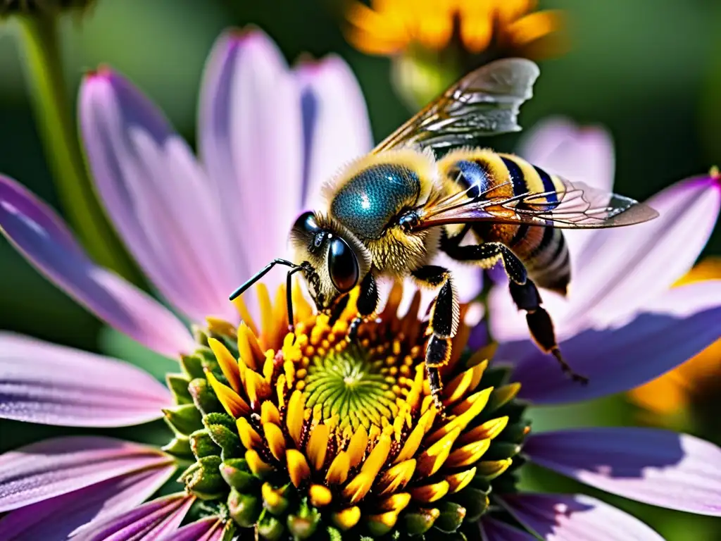 Una abeja cubierta de polen sobre una flor morada, resaltando la dependencia mutua entre plantas y polinizadores