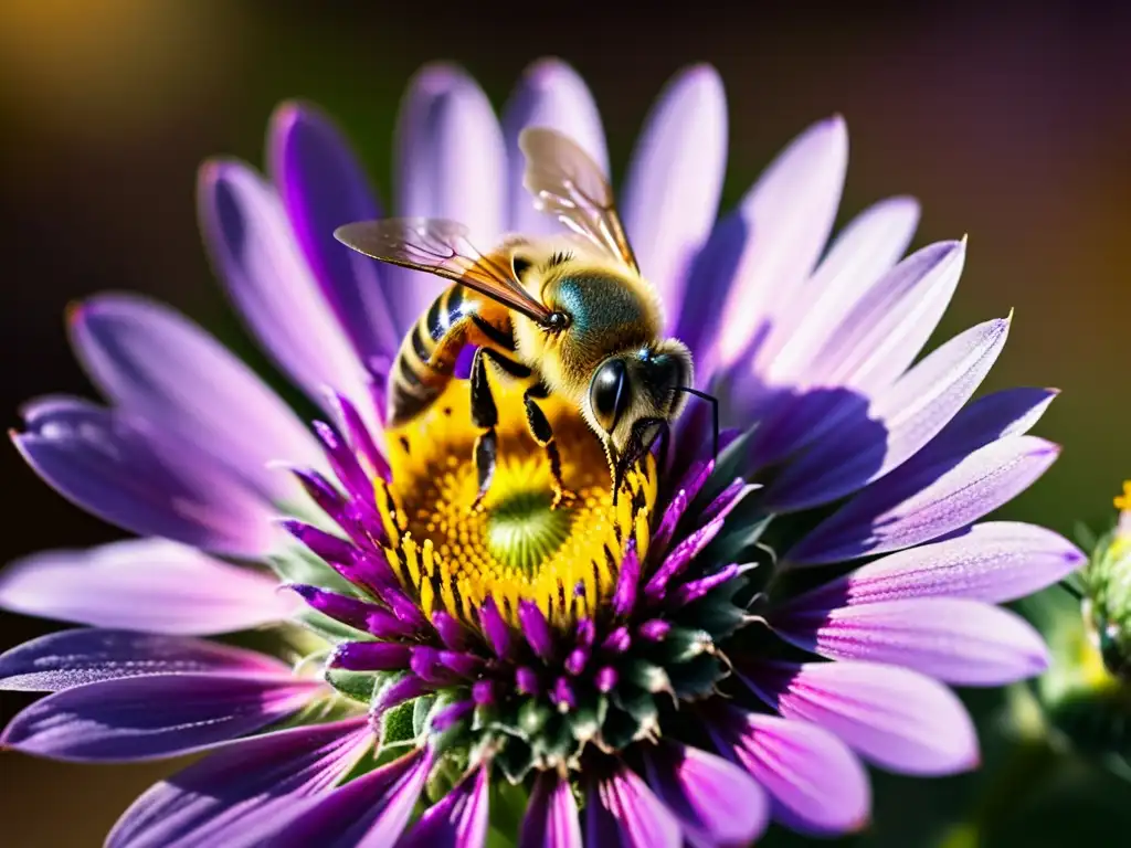 Una abeja cubierta de polen se posa en una flor morada