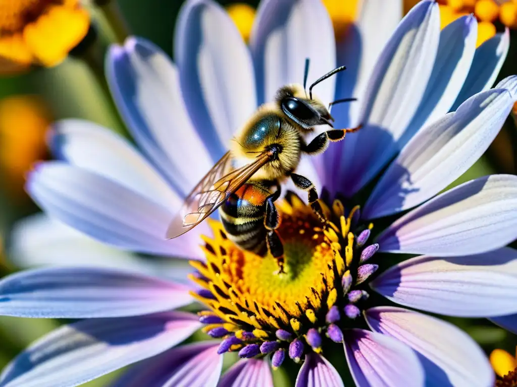 Una abeja cubierta de polen revolotea sobre una flor vibrante, mostrando la delicada estructura de sus alas