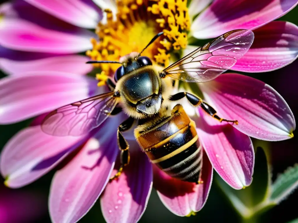 Una abeja cubierta de polen revolotea sobre una flor rosada en un ecosistema diverso, mostrando el impacto del cambio climático en los ecosistemas