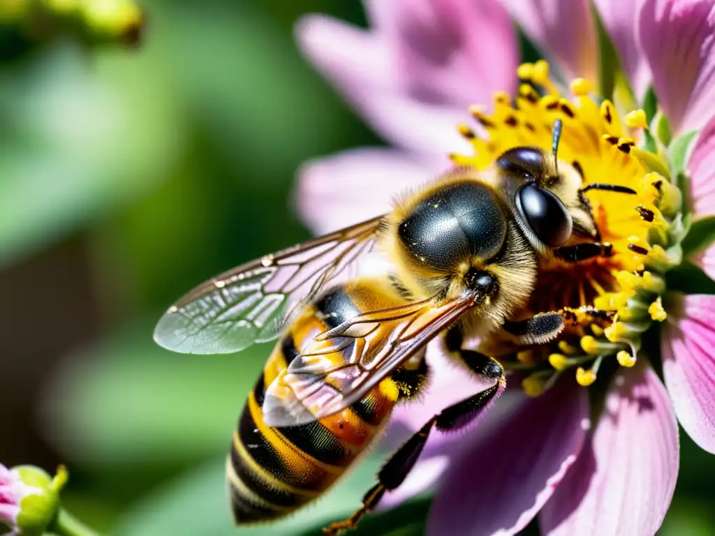 'Una abeja cubierta de polen sobre una flor rosa, iluminada por el sol entre exuberante vegetación