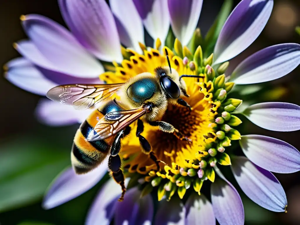 Una abeja cubierta de polen vuela sobre una flor vibrante