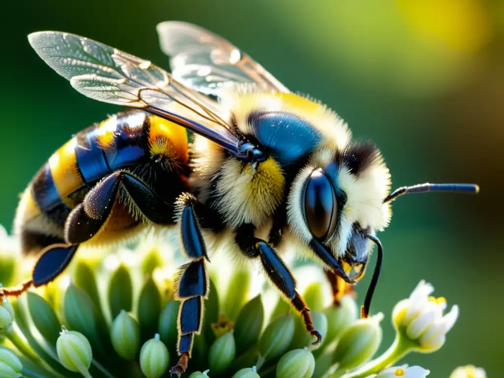 Una abeja cubierta de polen, con luz solar filtrándose entre sus alas, resaltando sus ojos compuestos