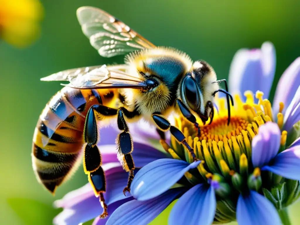 Una abeja cubierta de polen vuela entre un vibrante jardín amigable para polinizadores, destacando su belleza y vitalidad en la naturaleza