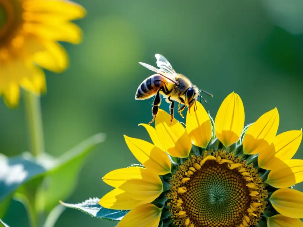 Una abeja cubierta de polen se posa sobre un vibrante girasol en una sabana, mostrando el impacto de los insectos en sabanas