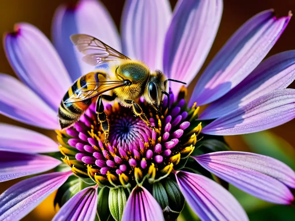 Una abeja cubierta de polen en vuelo sobre una flor morada, destaca el impacto del cambio climático en polinizadores y alimentos