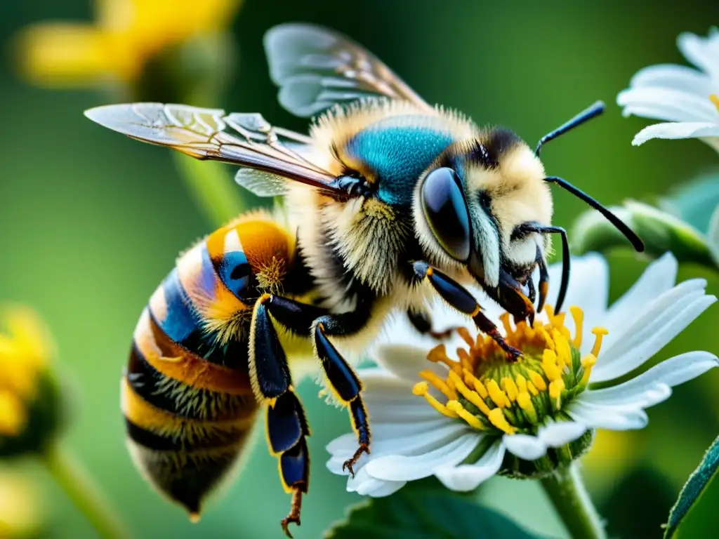 Una abeja luchando por volar cubierta de residuos de pesticidas, rodeada de flores marchitas