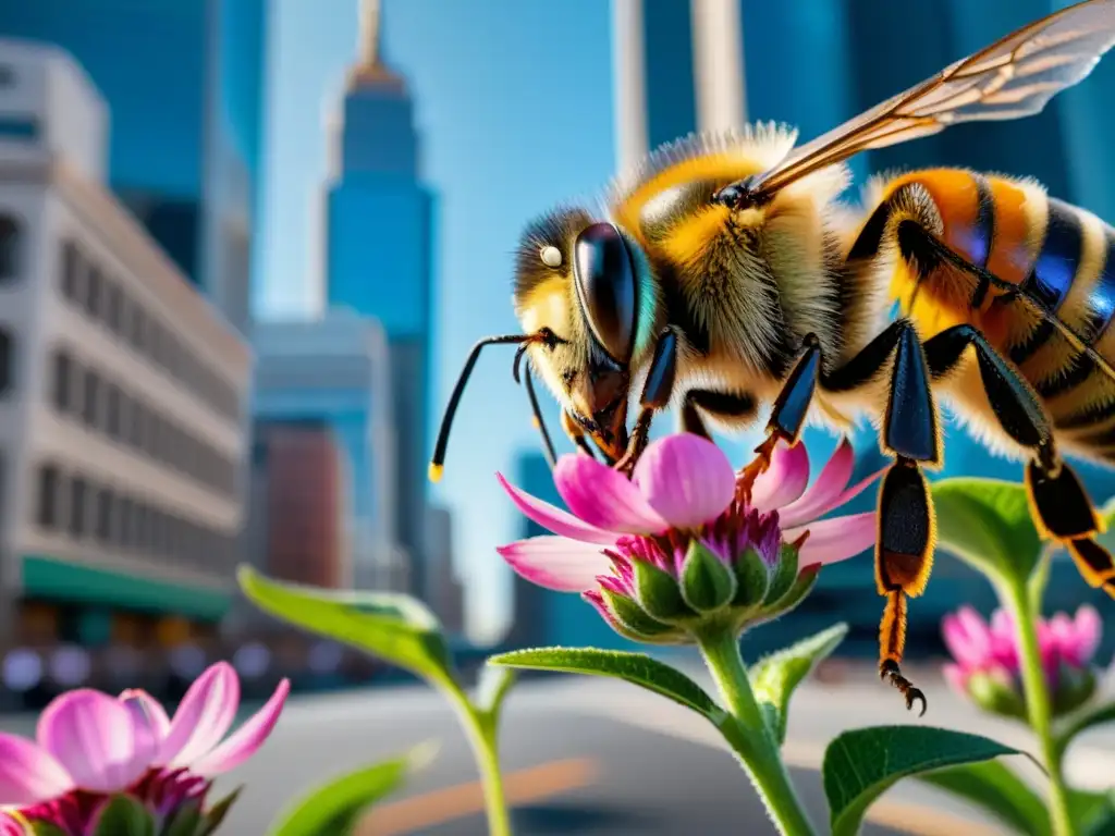 Una abeja polinizando una flor en una bulliciosa esquina de la ciudad, mostrando la importancia de las abejas polinizadoras en entornos urbanos