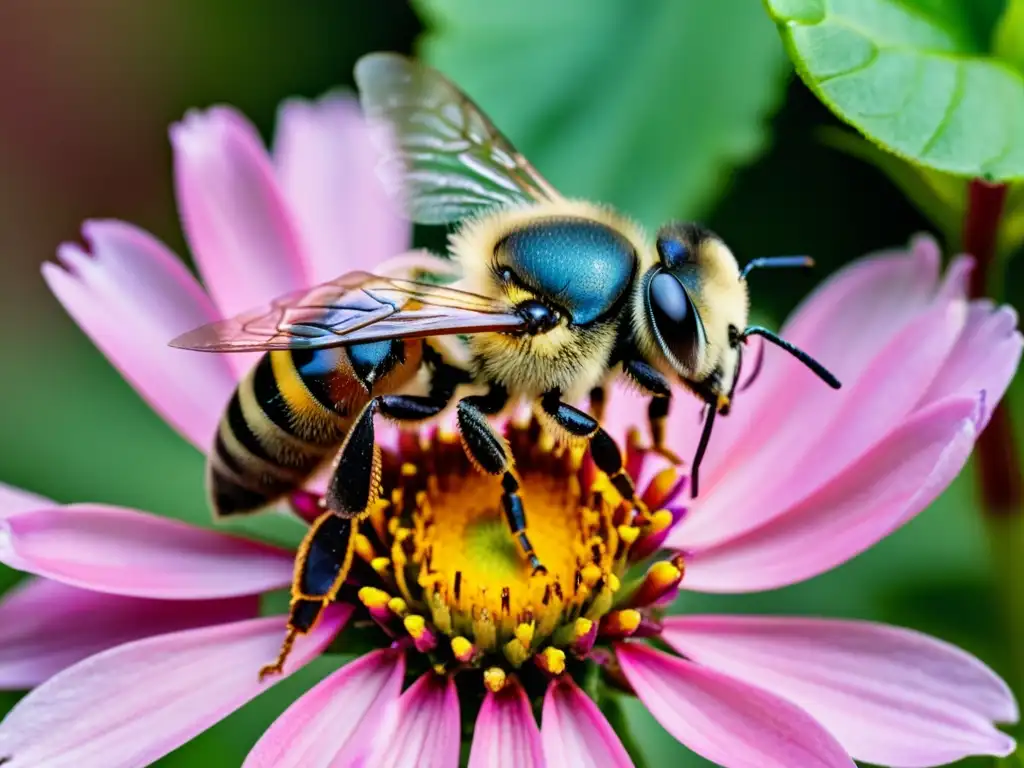 Una abeja recolectando néctar de una flor rosa, resaltando la dependencia mutua entre plantas y polinizadores