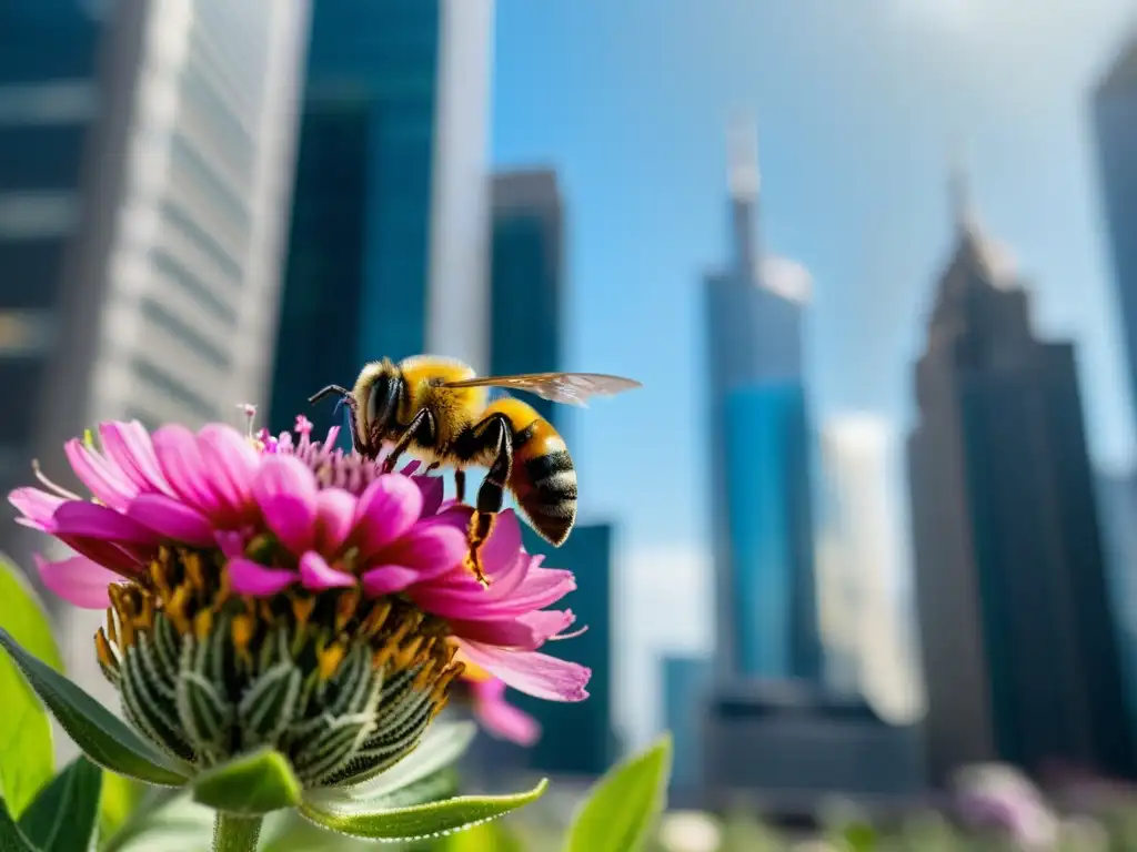 Una abeja polinizando una flor en medio de la ciudad, resaltando el impacto de la urbanización en los polinizadores