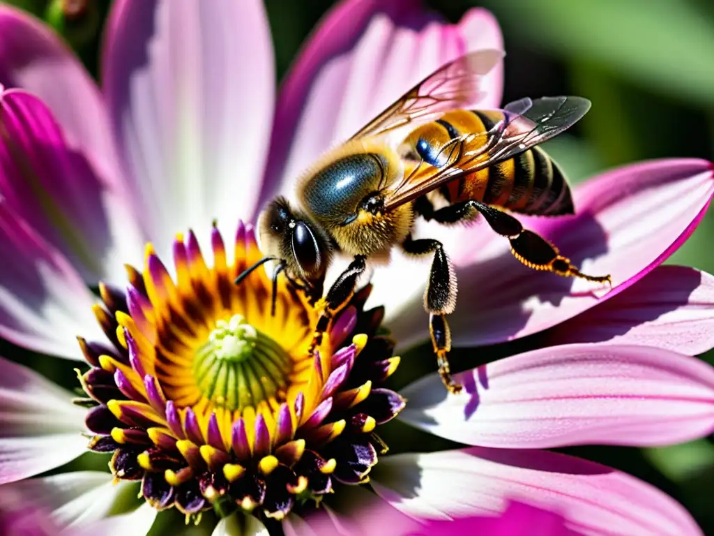 Una abeja recoge néctar de una flor rosa, mostrando la importancia de proteger a las abejas y mariposas en la naturaleza