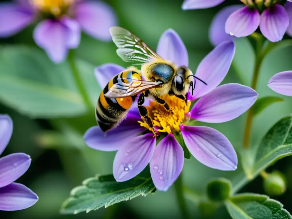 Una abeja poliniza una flor silvestre morada en un ecosistema biodiverso, resaltando el impacto de las abejas en el cambio climático