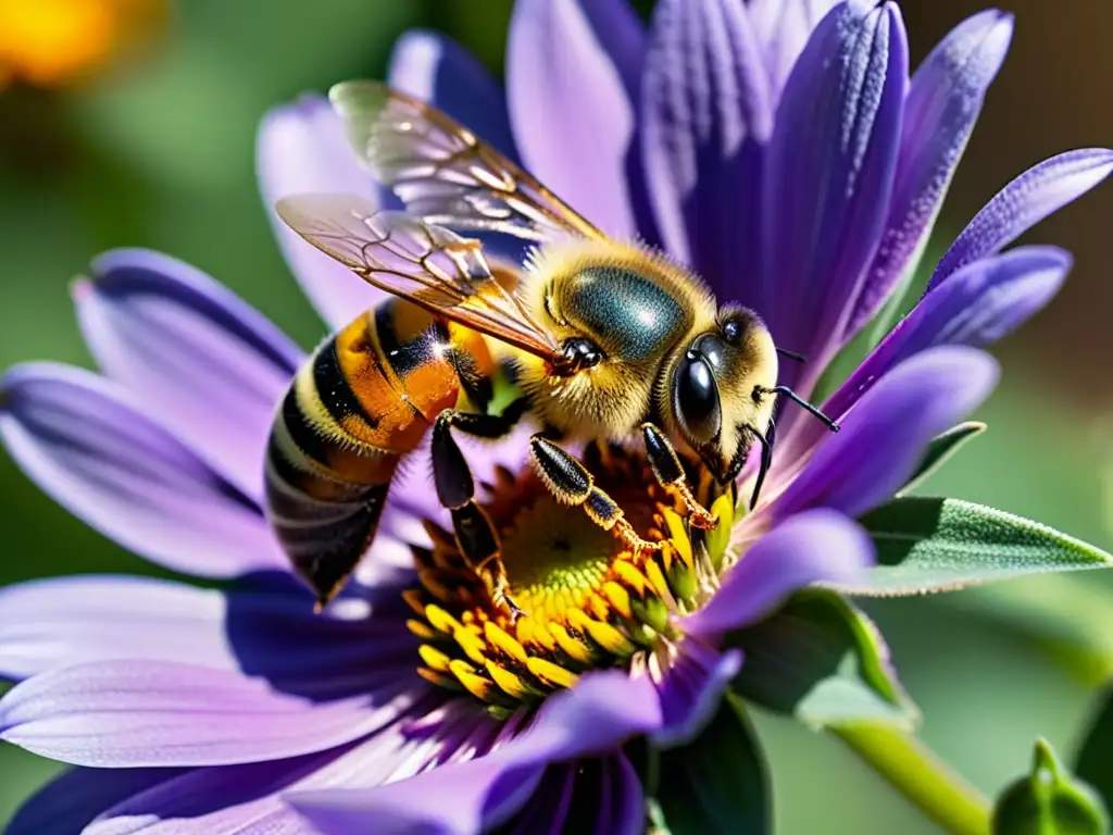 Una abeja recolecta néctar de una flor silvestre morada, bañada por la cálida luz del sol