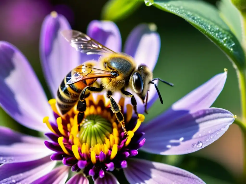 Una abeja poliniza una flor silvestre morada, capturando la belleza natural y el impacto ecológico