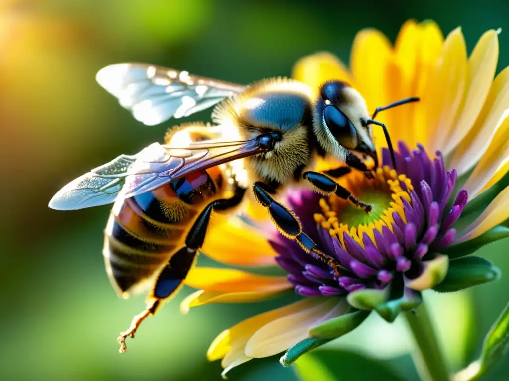 Una abeja recolectando néctar de una flor vibrante, con detalles detallados de sus alas y el brillo del sol