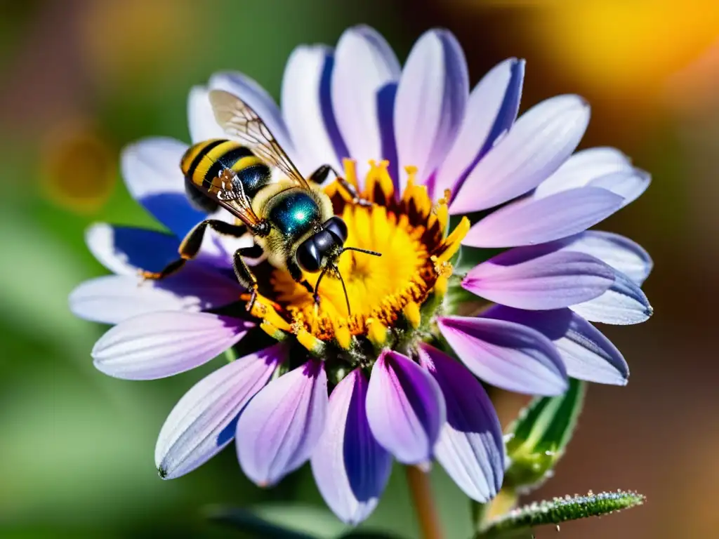 Una abeja nativa poliniza una flor silvestre, restauración de hábitats mediante jardinería