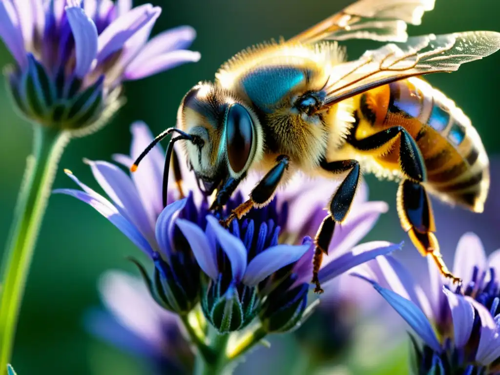 Una abeja recogiendo polen de una flor de lavanda en un campo mediterráneo, destacando la polinización en ecosistemas mediterráneos