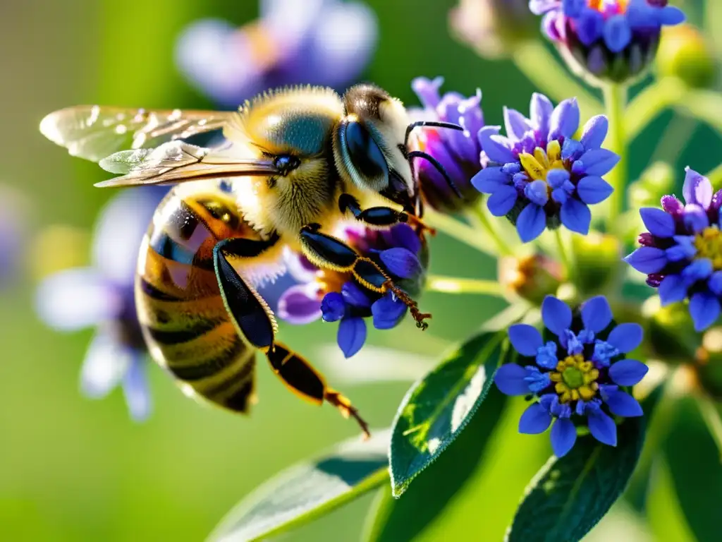 Una abeja recolectando polen de una flor morada en un prado verde, resaltando la relación entre abejas y cambio climático