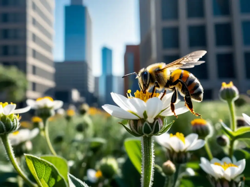 Una abeja polinizadora se posa en una flor, contrastando con la impactante urbanización de la ciudad