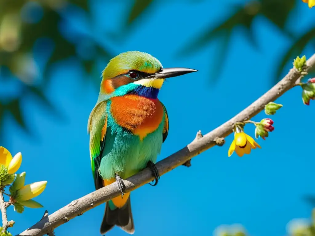 Un abejaruco europeo posado en una rama, con plumaje iridiscente al sol, en un paisaje mediterráneo con flores vibrantes y cielo azul