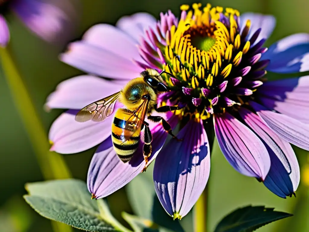 Un abejorro cubierto de brillante polen amarillo, revoloteando sobre una flor morada en una pradera soleada