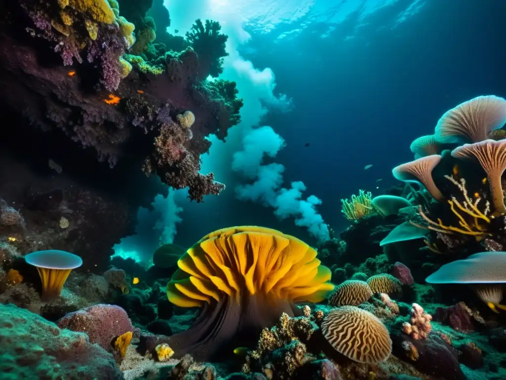 Exploración abismos marinos ecosistemas: Imagen impactante de un ecosistema de ventilación hidrotermal en el fondo marino, con impresionantes fumadores negros expulsando fluidos ricos en minerales y rodeado de criaturas únicas y sobrenaturales como gusanos tubulares,