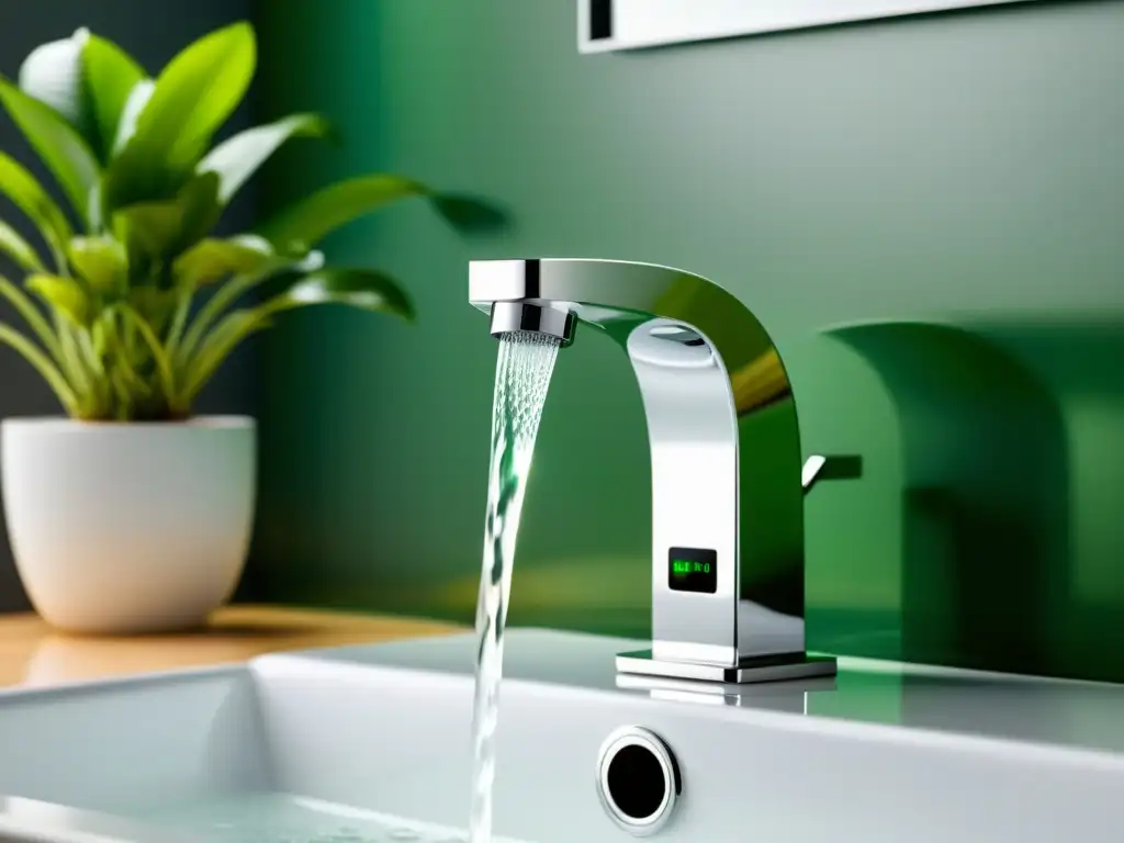 Accesorios ecológicos para reducir consumo agua: Grifo inteligente de diseño moderno en baño minimalista con pantalla digital y plantas verdes