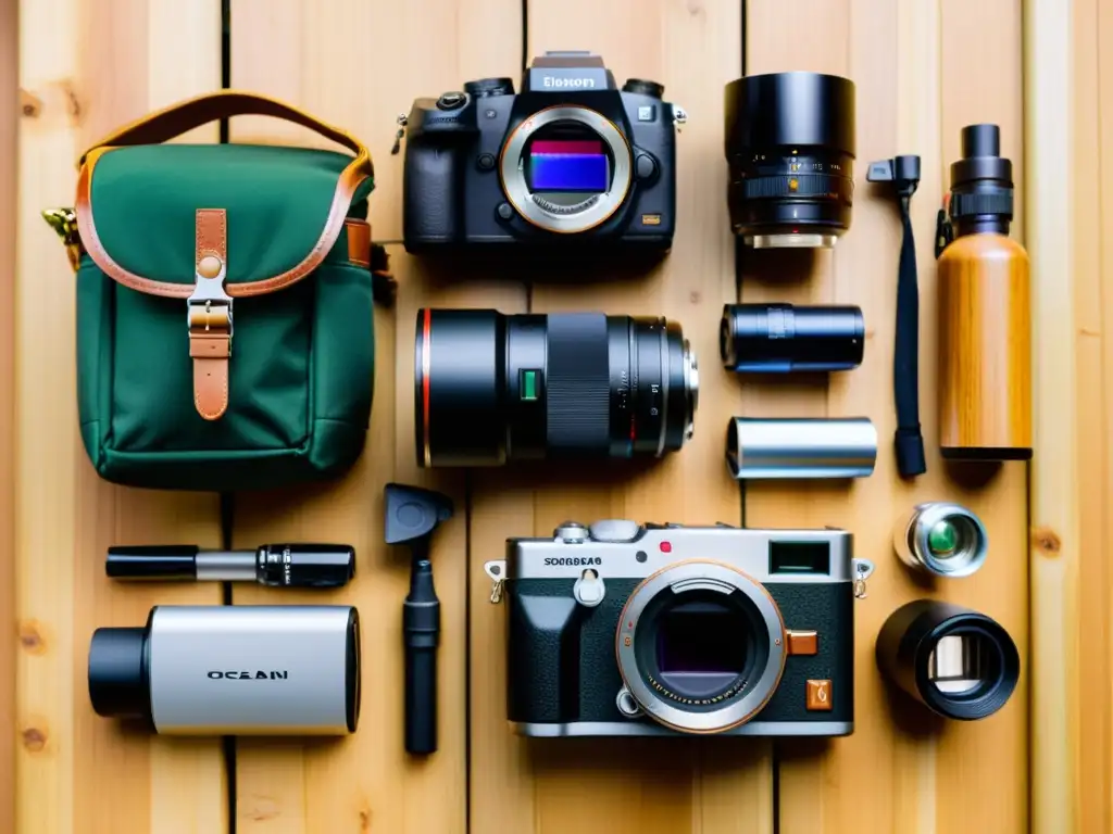 Accesorios fotográficos ecoturismo sostenible: Kit sostenible de fotógrafo con cámara ecológica, cargador solar, trípode reciclado y bolsa de plástico reciclado, iluminados por luz natural en un entorno biodiverso